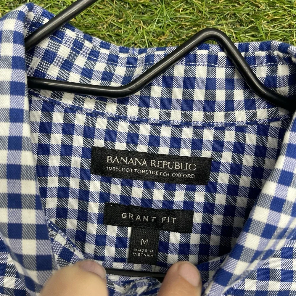 Banana Republic Dress Shirt Mens Medium Grant-Fit Luxe Blue Gingham Button NWT